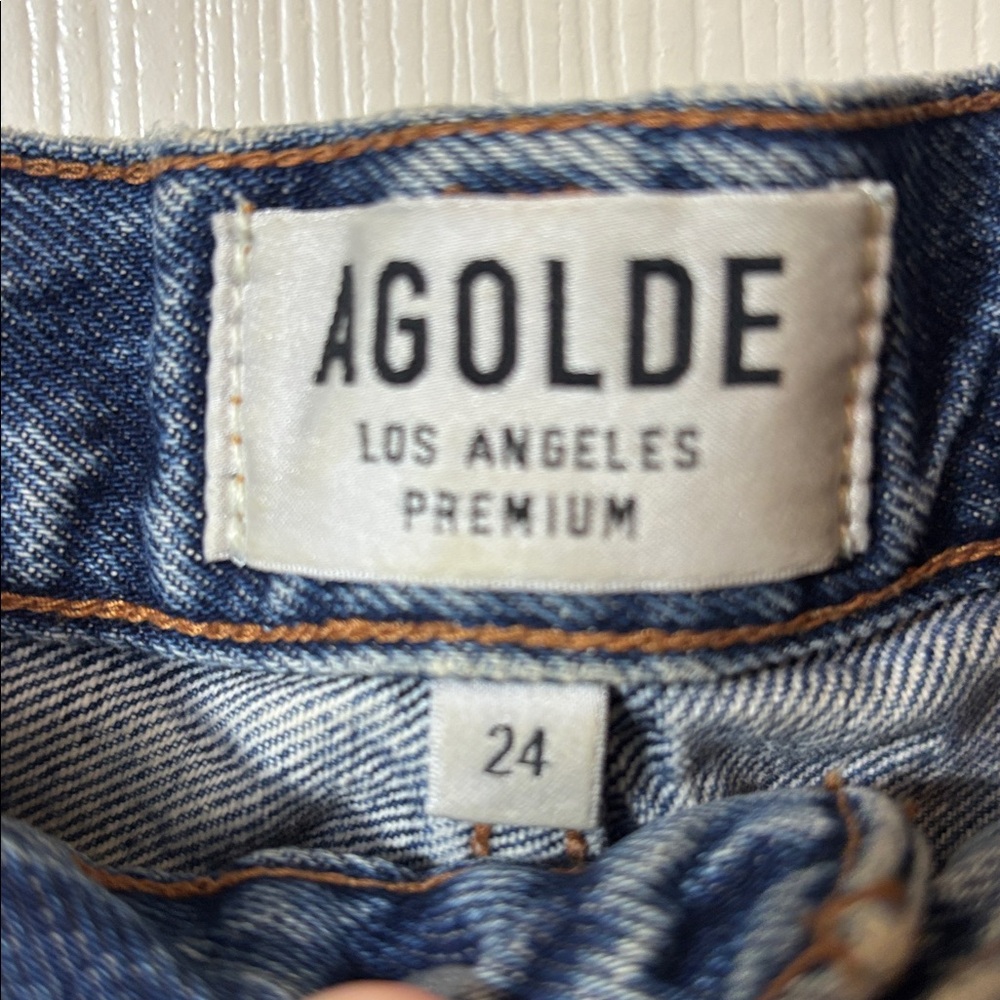 Agolde Blue Distressed Denim Cutoff Shorts - Picture 5 of 10